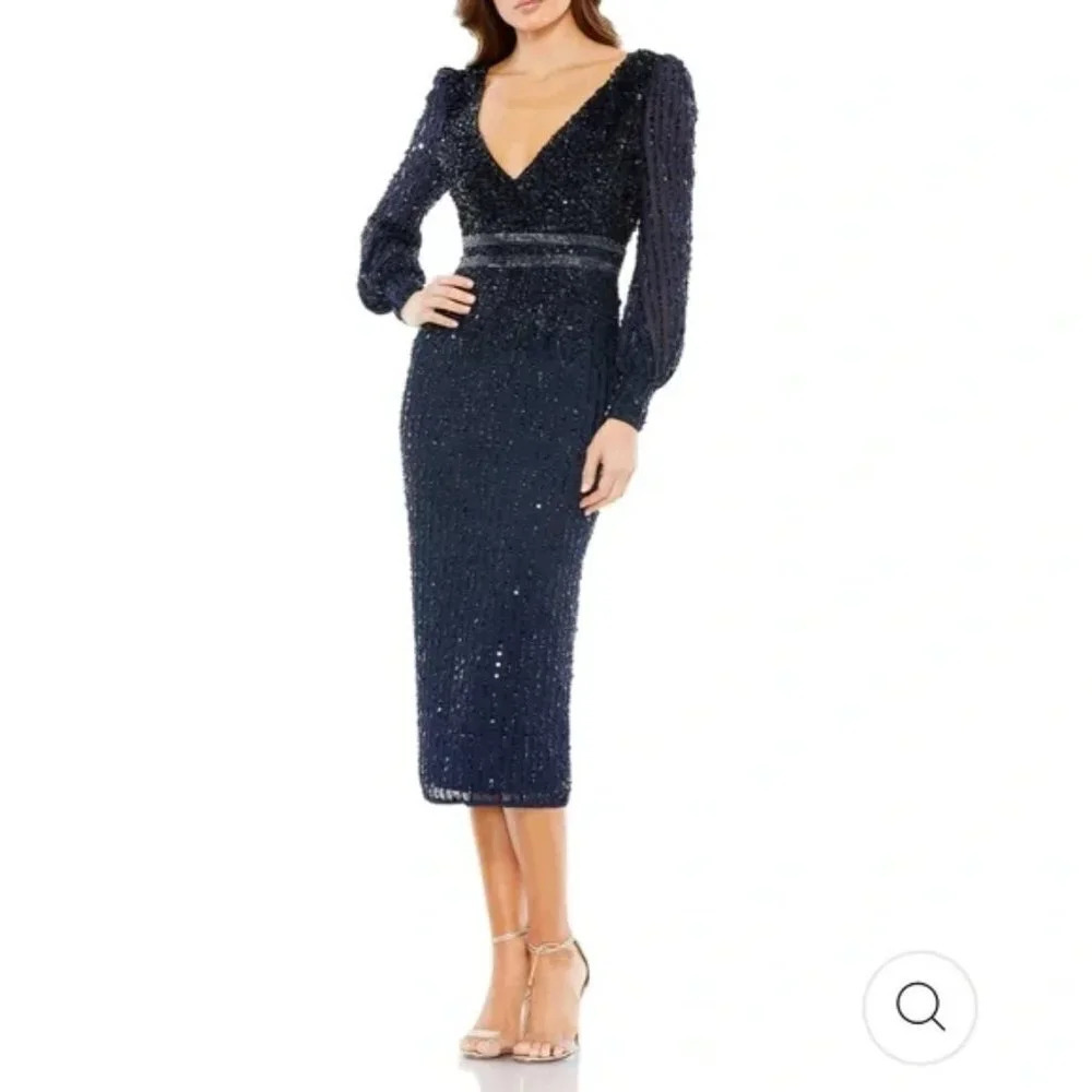 Mac Duggal Sequin Long Sleeve Midi Cocktail Dress in Midnight Blue. Sz: 14